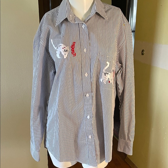 Las Olas Tops - Las Olas Sassy Cat Striped Button-Up Shirt with Cat Embroideries and Bling